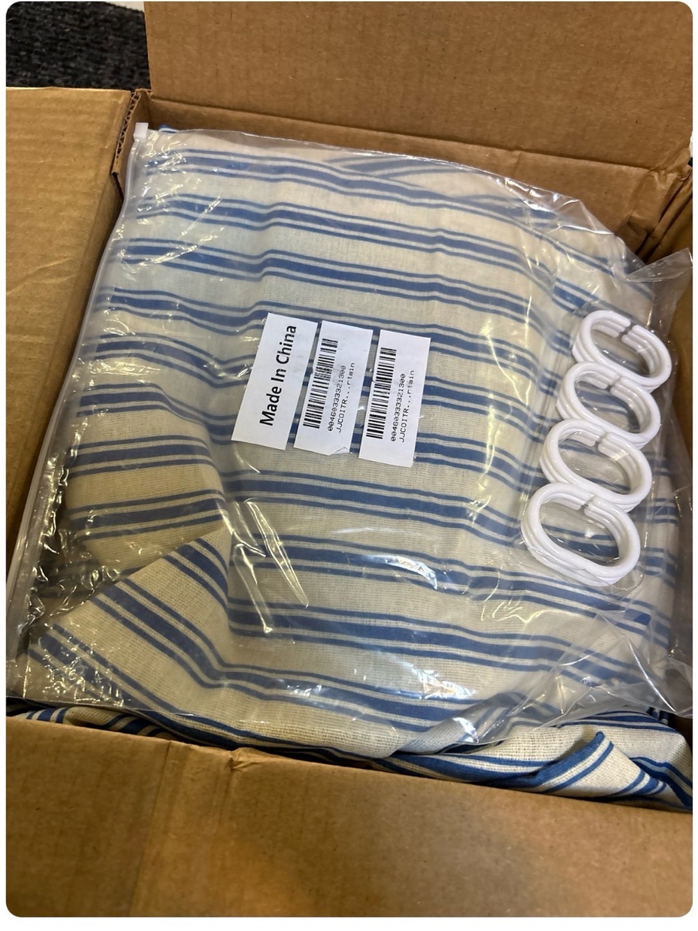 Brand new Linen Striped Shower Curtain with Rings - Blue and Cream